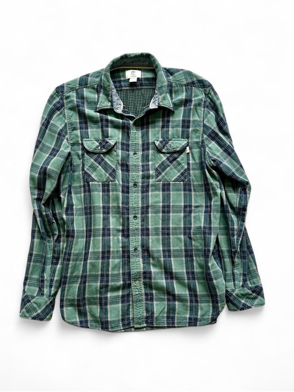Timberland L Mens Thick Cotton Flannel Green Blue Plaid Button Up Long Sleeve